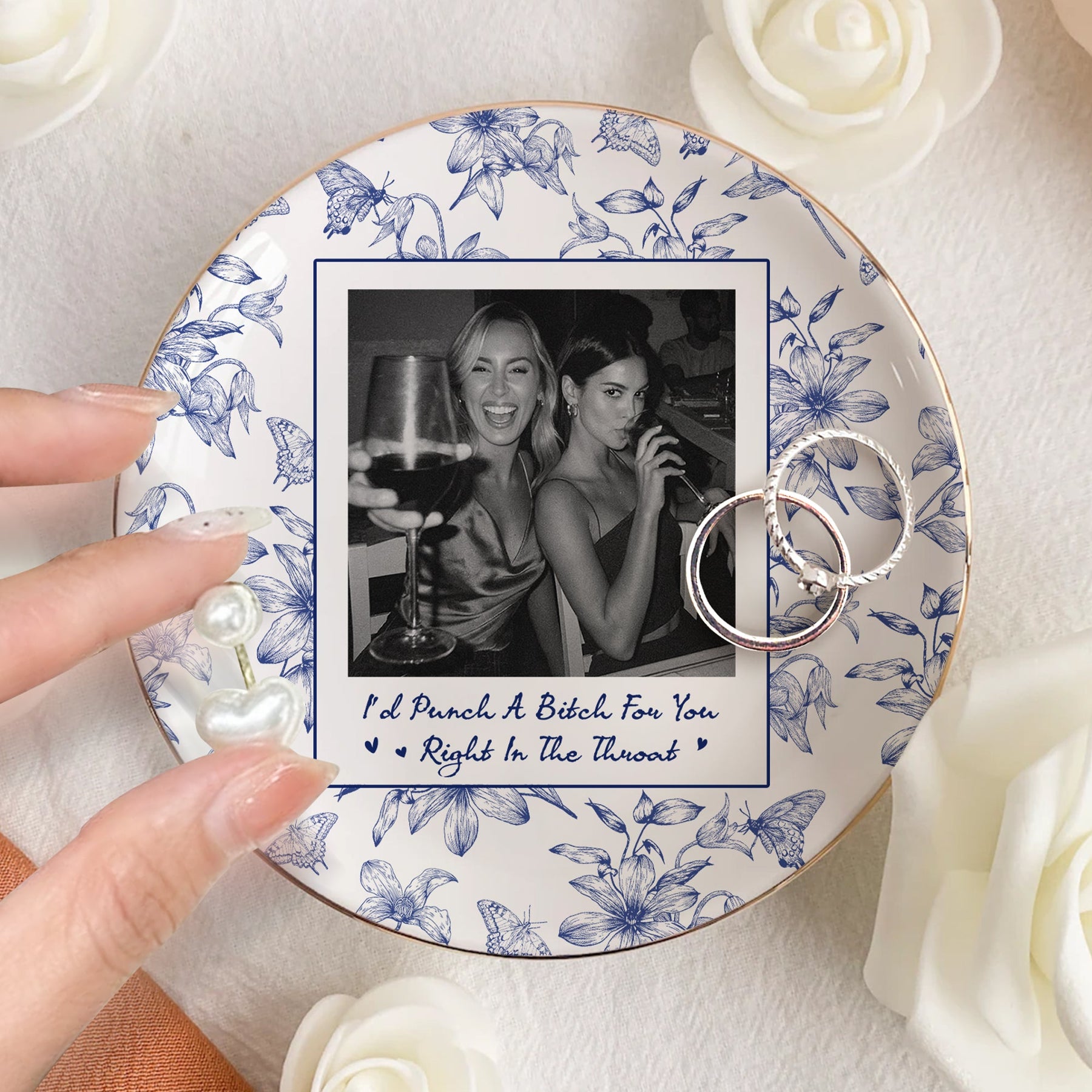 Toile De Jouy Photo Trinket Tray For Best Friend Friendship Thank You Gifts - Personalized Jewelry Dish