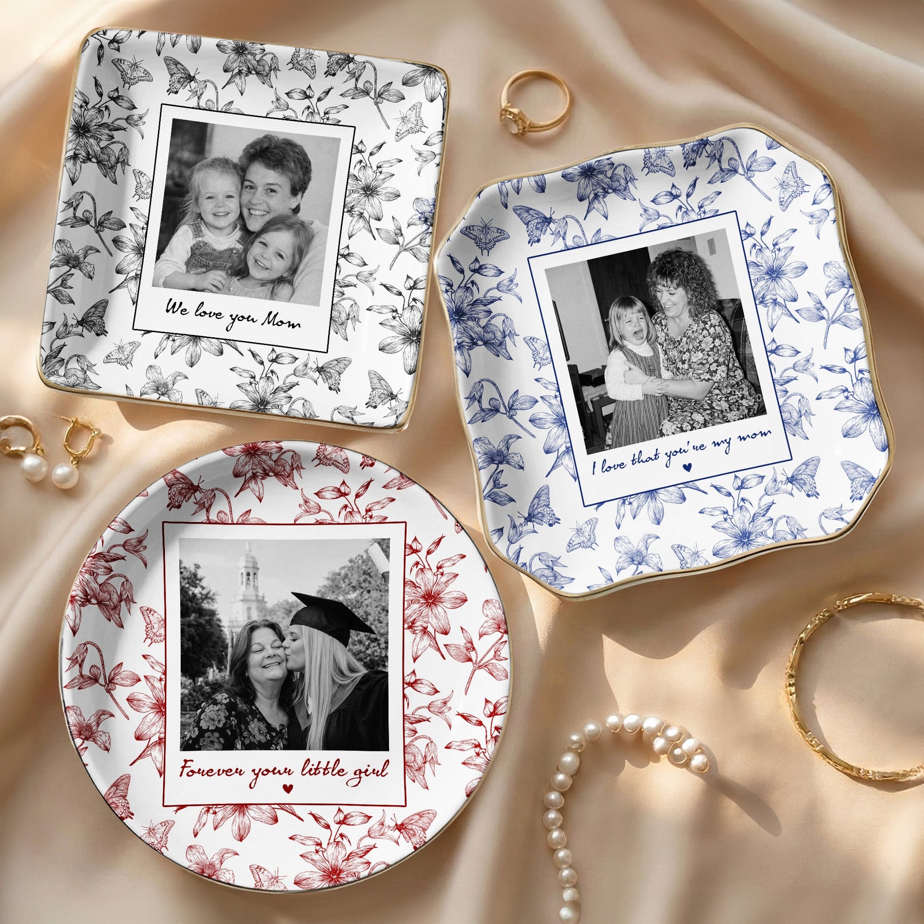 Toile De Jouy Photo Trinket Tray Mother's Day Gift For Mum, Mom, Nana - Personalized Jewelry Dish