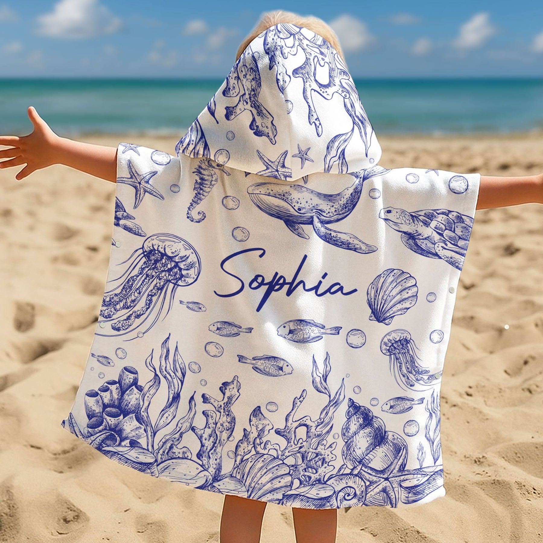 Under The Sea Toile De Jouy - Personalized Kids Hooded Towel