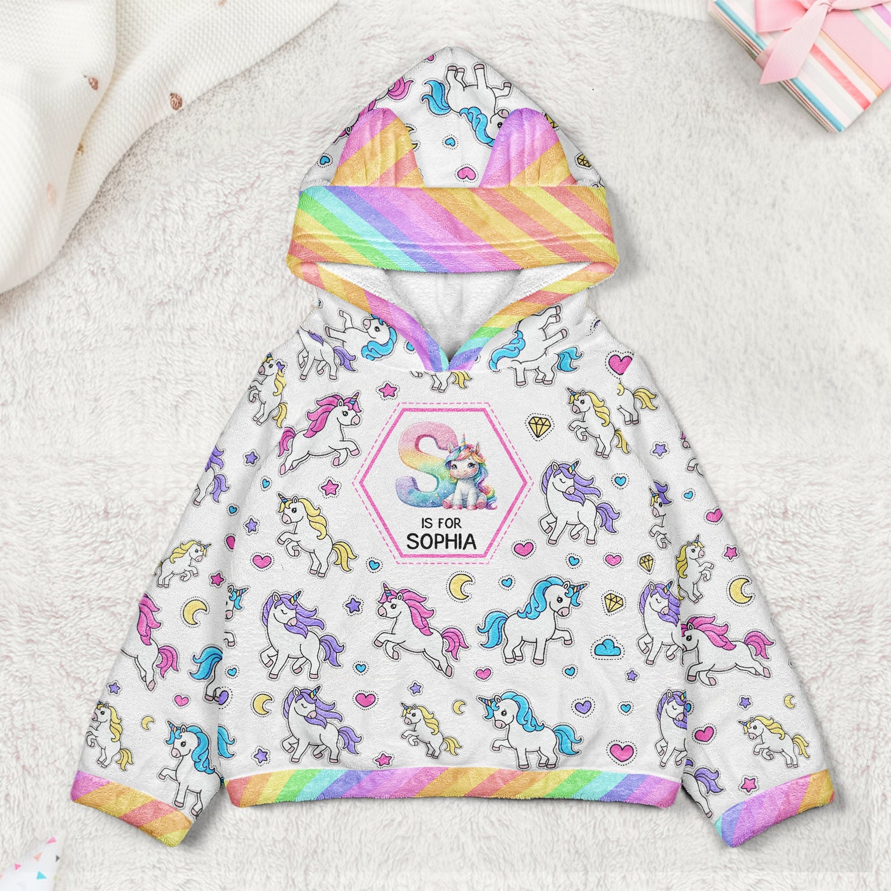 Unicorn Alphabet Gift For Kid - Personalized Kid Fleece Hooded Sweatshirt With Ears