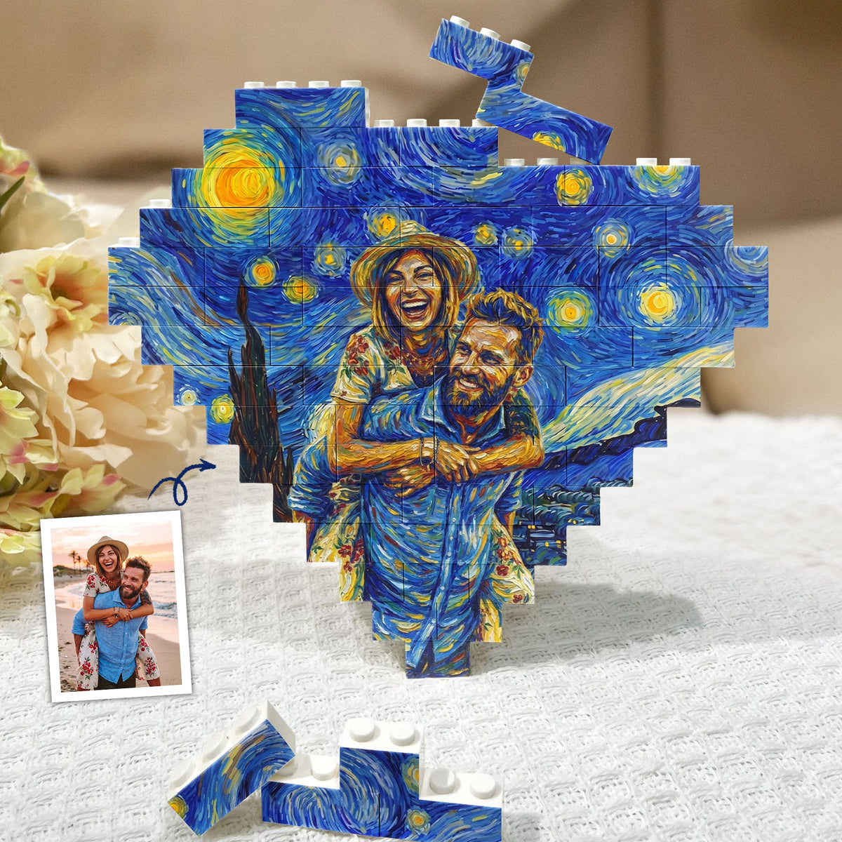Van Gogh Art Custom Couple Photo Anniversary Gifts Version 2- Personalized Building Blocks