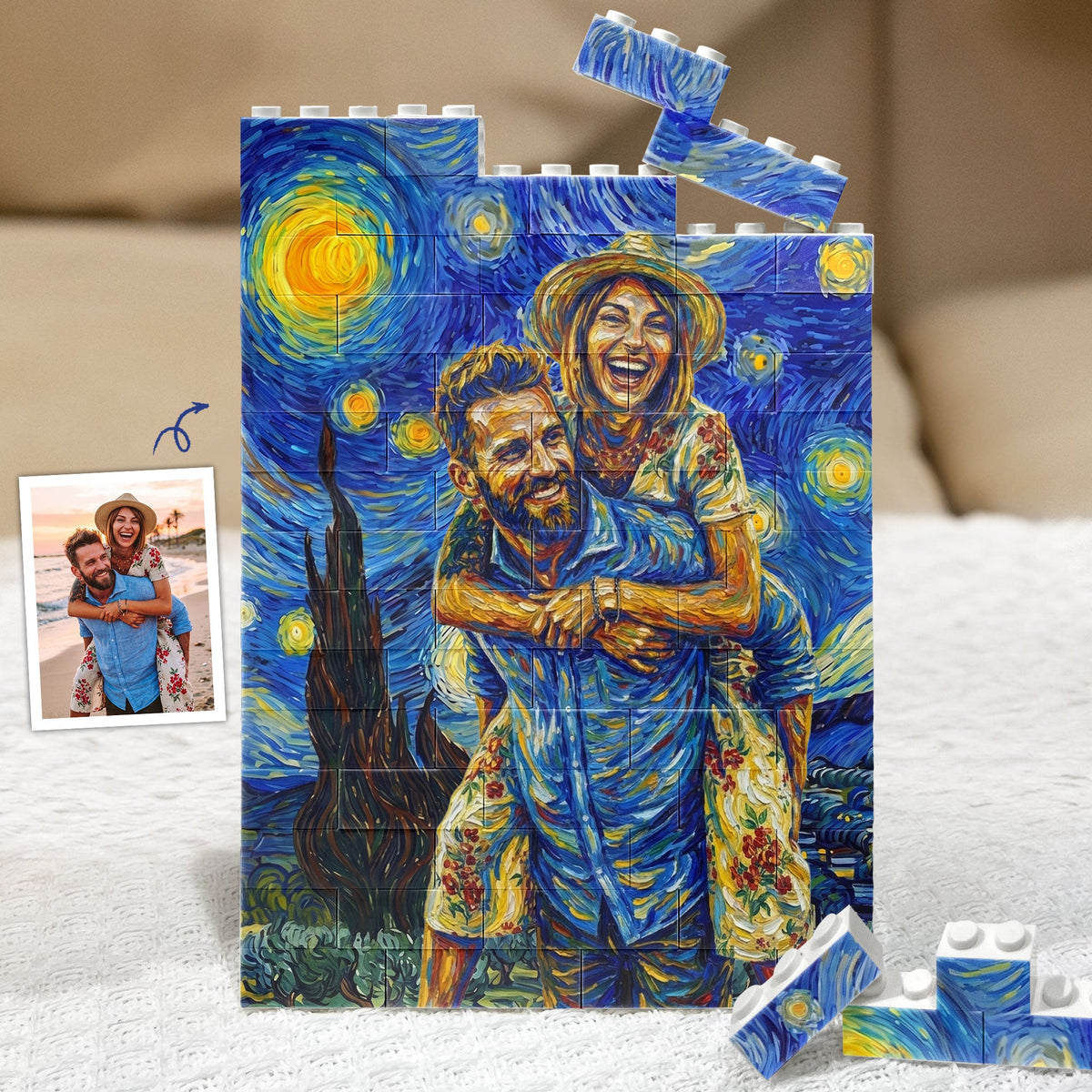 Van Gogh Art Custom Couple Photo Anniversary Gifts Version 3 - Personalized Building Blocks