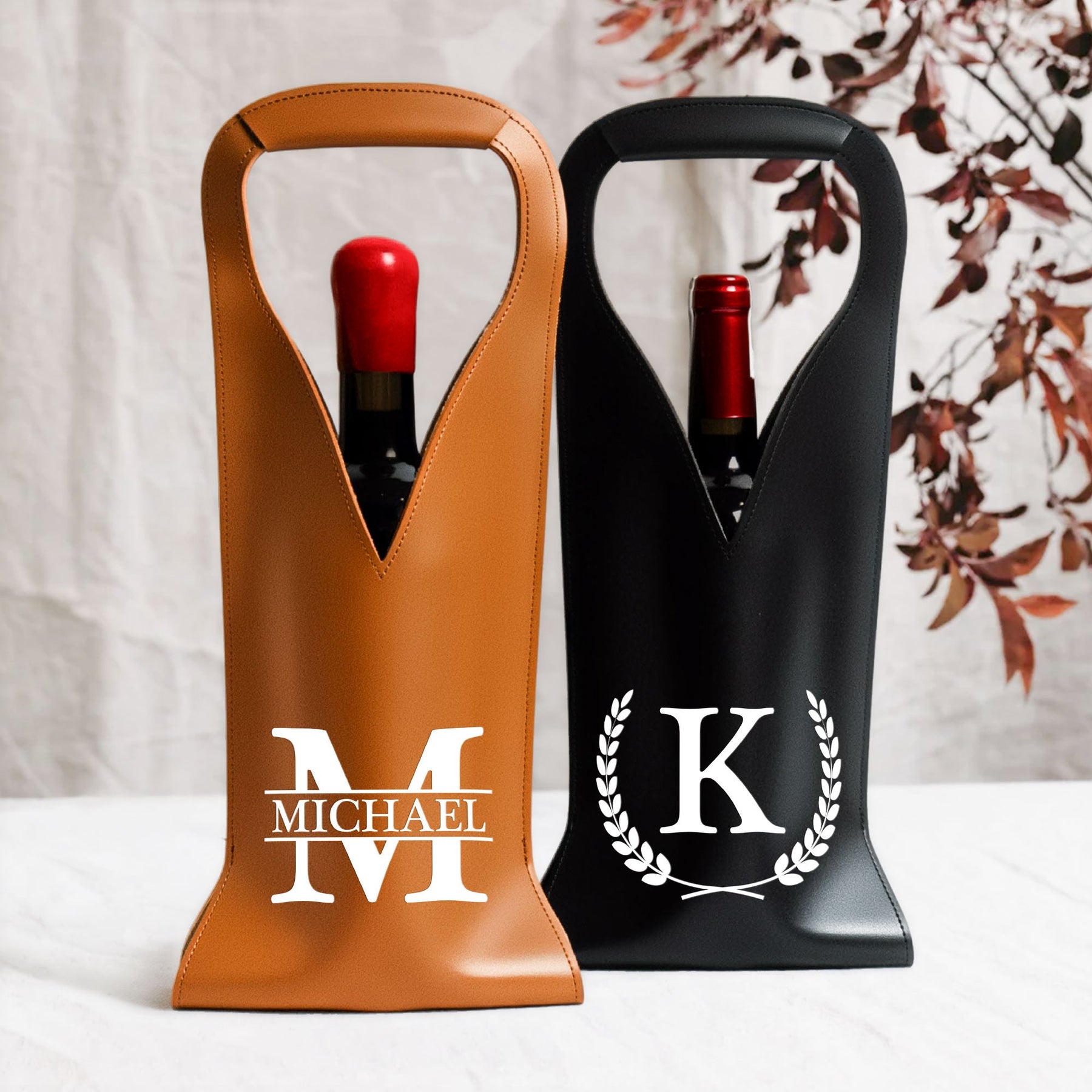 Vintage Monogram - Personalized Leather Wine Bag
