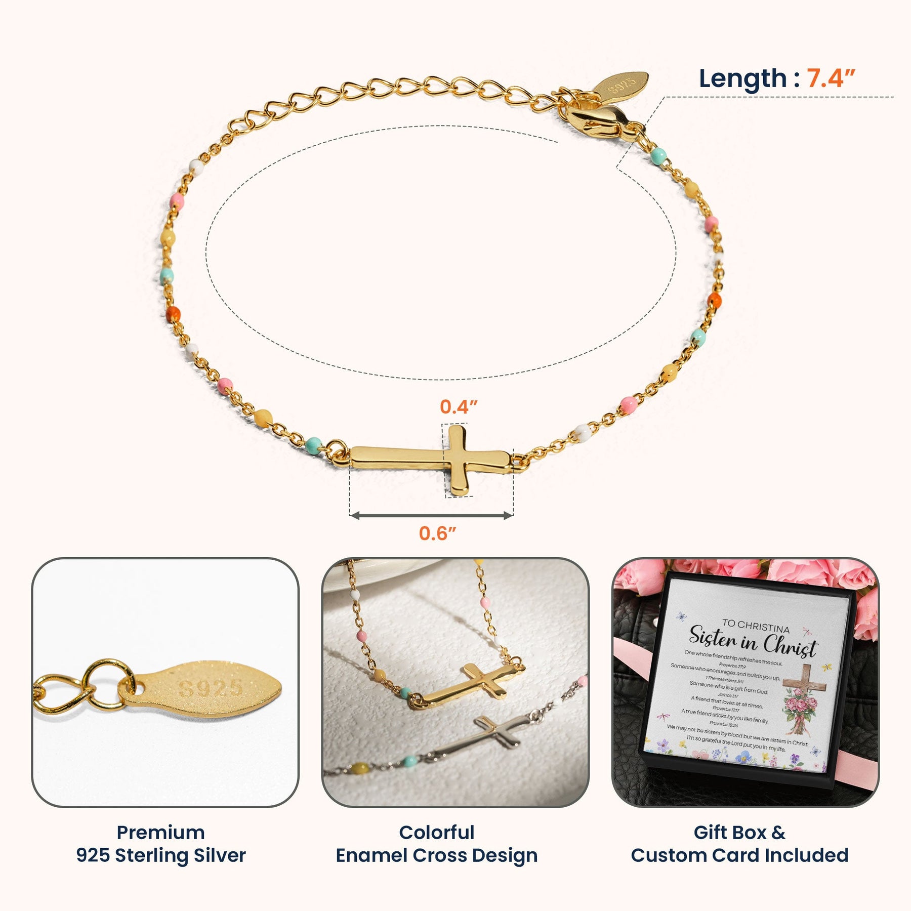We Are Sisters In Christ - Cross Bracelet With Custom Card