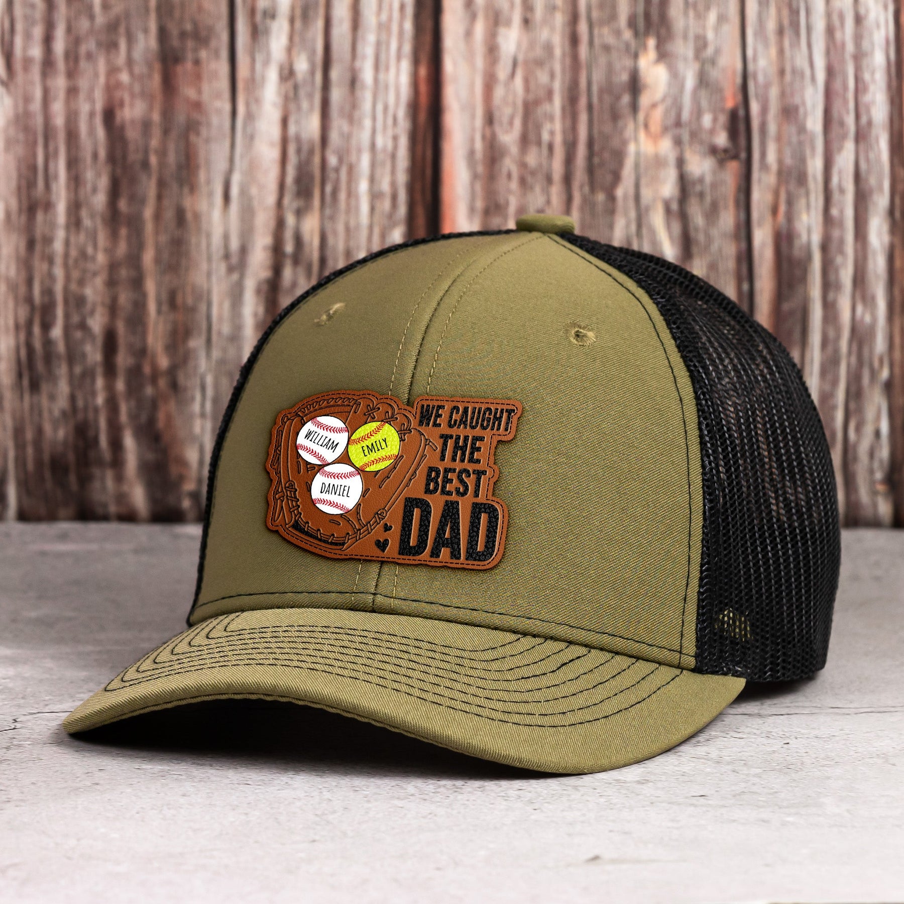 We Caught The Best Dad - Baseball, Softball Dad With Kids' Names - Personalized Cap