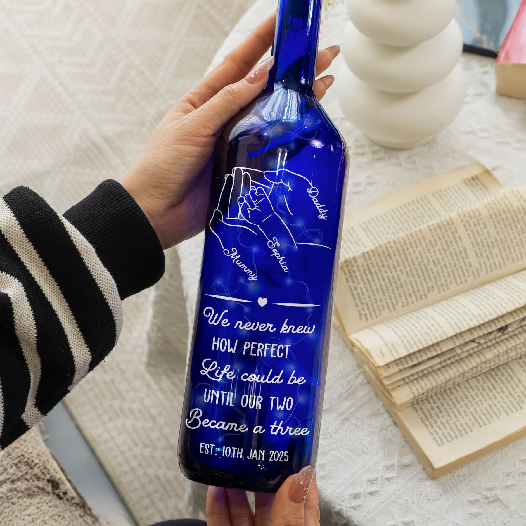 We Never Knew How Perfect Life Could Be - Personalized Blue Bottle Lamp