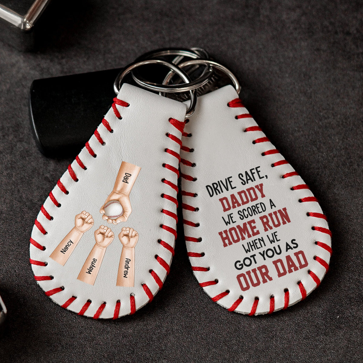 We Scored A Home Run When We Got You As Our Dad - Personalized Leather Baseball Keychain
