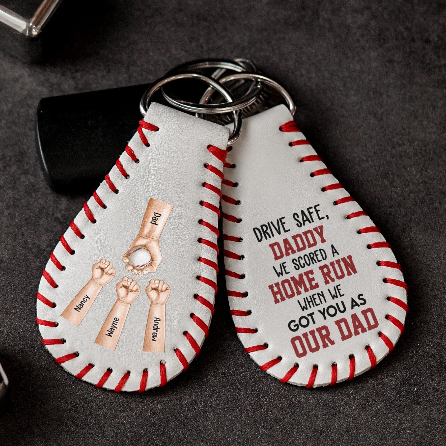 We Scored A Home Run When We Got You As Our Dad - Personalized Leather Baseball Keychain