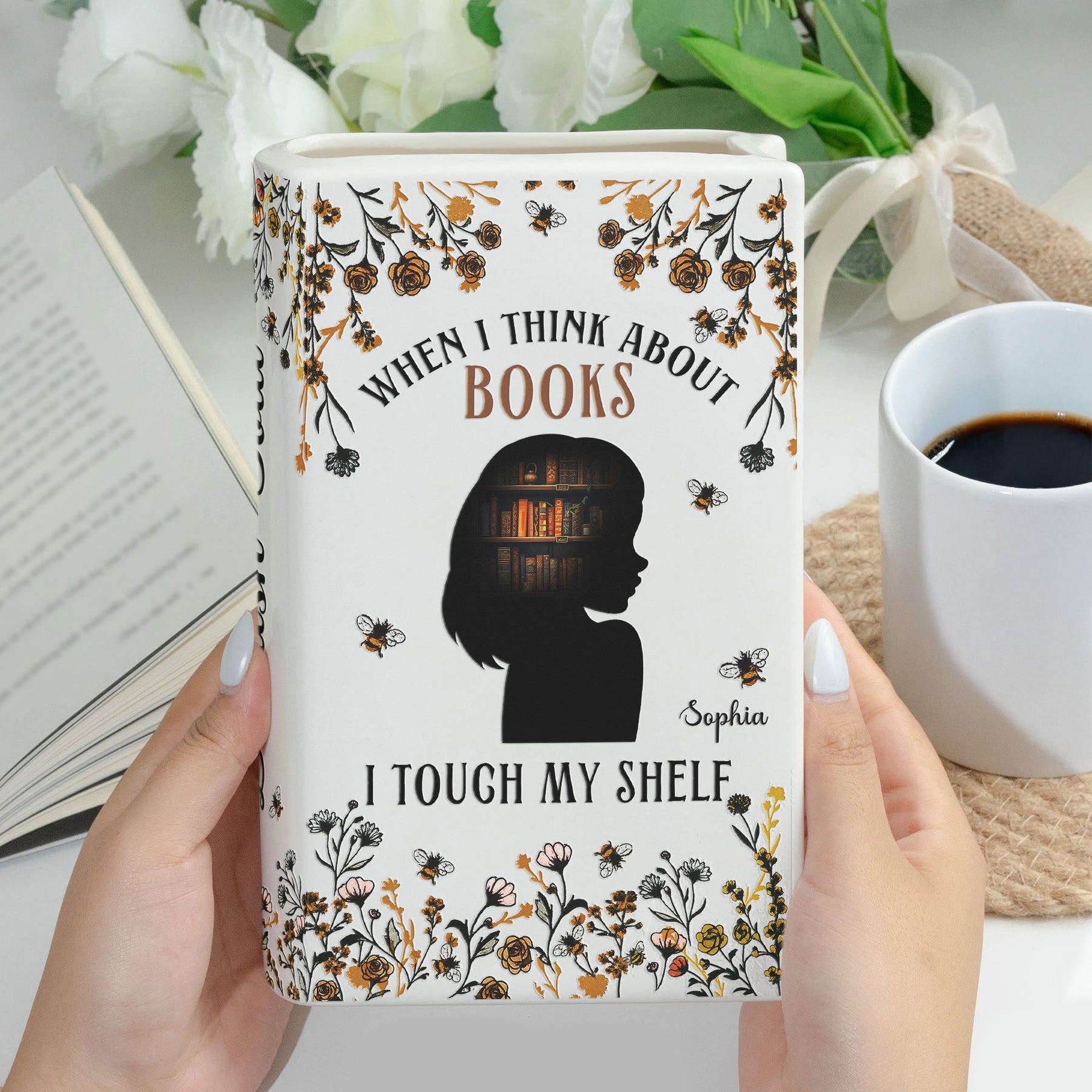 When I Think About Books I Touch My Shelf - Personalized Ceramic Book Vase