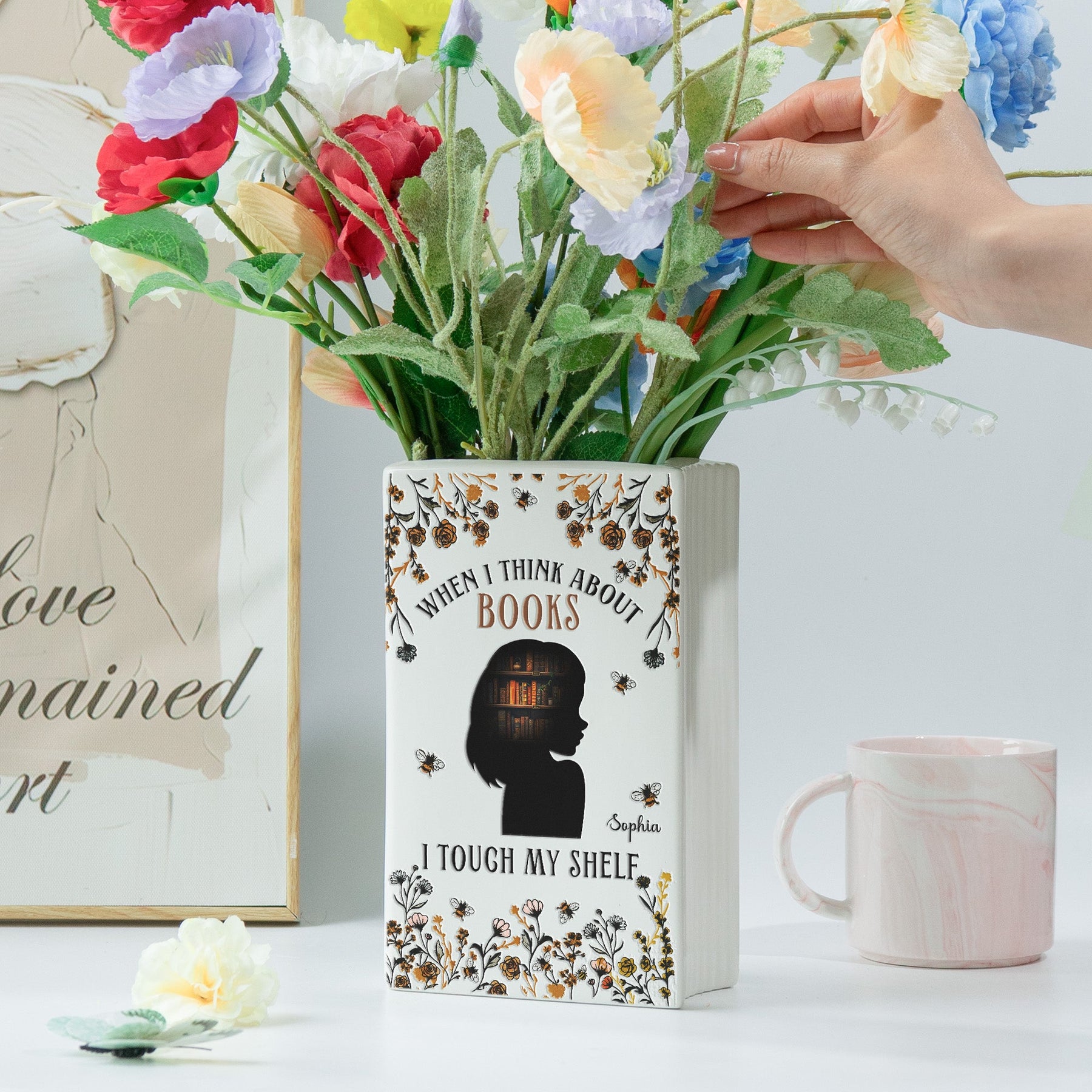 When I Think About Books I Touch My Shelf - Personalized Ceramic Book Vase