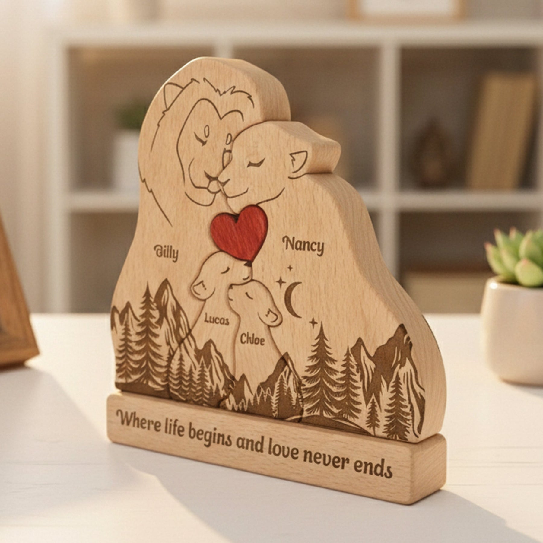 Where Life Begins And Love Never Ends Father's Day Gift - Personalized Wooden Lion Family Puzzle