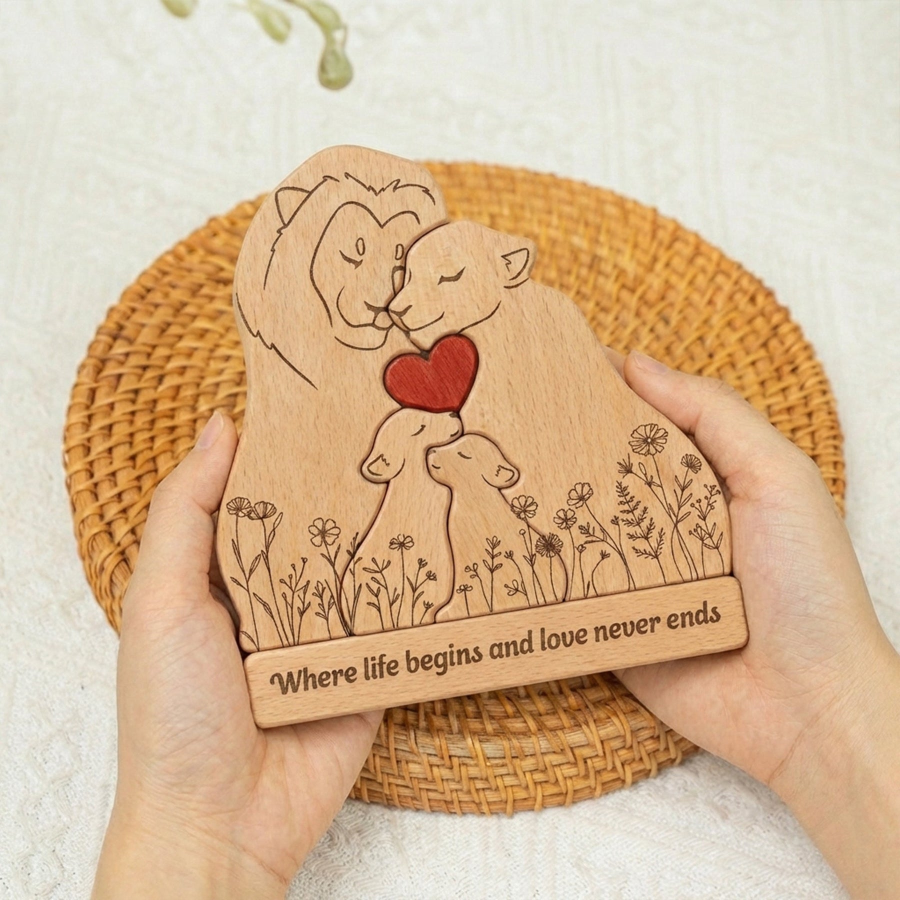 Where Life Begins And Love Never Ends Mother's Day Gift - Personalized Wooden Lion Family Puzzle