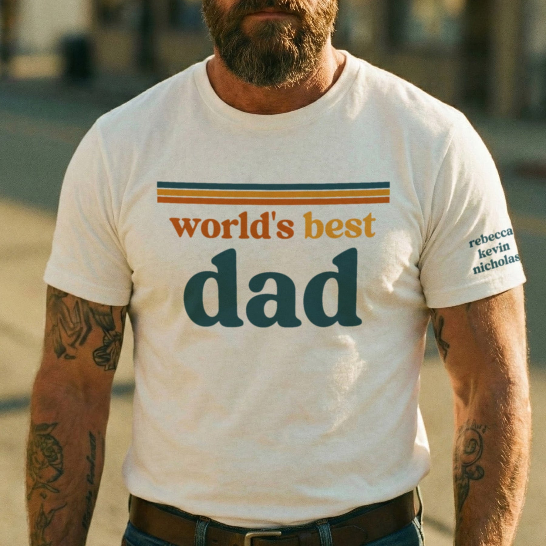 World’s Best Dad Retro 70s Vintage Father’s Day Gift With Kids’ Names - Up To 12 Names - Personalized Shirt