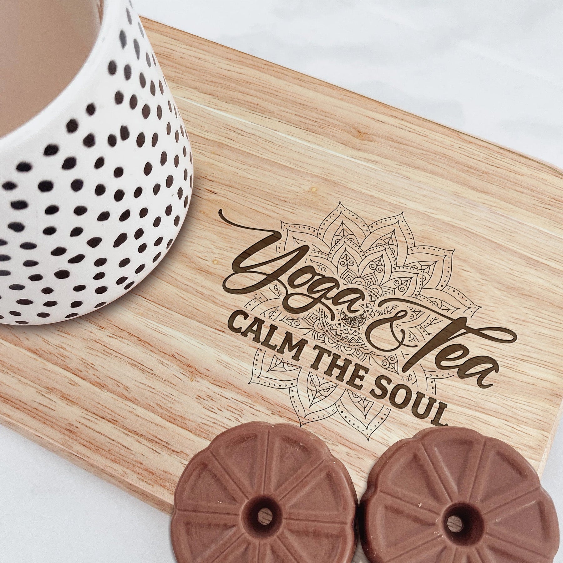 Yoga And Tea Calm The Soul - Custom Engraved Wooden Tea & Biscuit Board