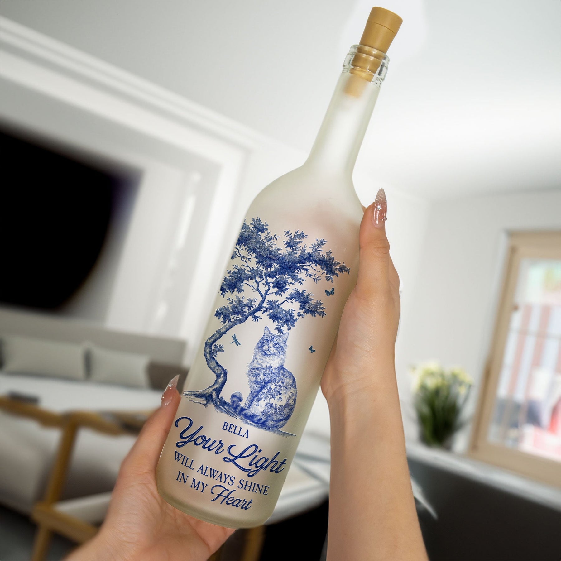 Your Light Will Always Shine Cat Toile De Jouy Style - Personalized Bottle Lamp