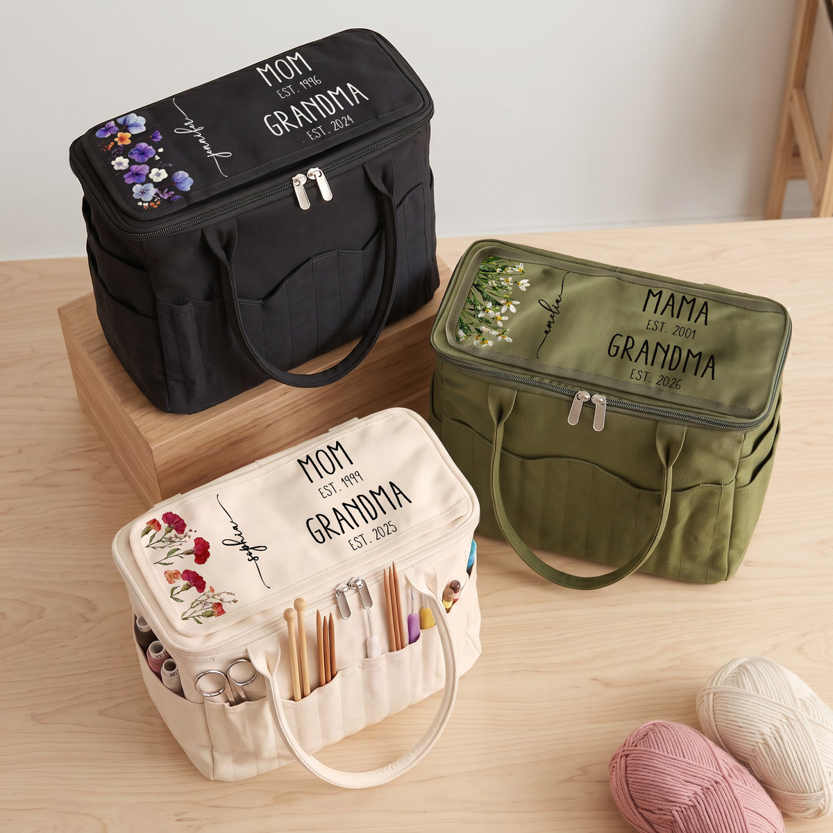 Mom Grandma Birth Flower - Personalized Knitting Bag