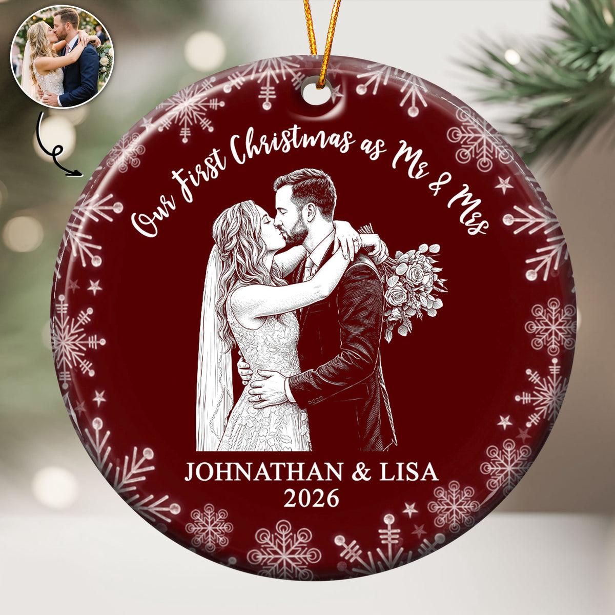 Our First Christmas Custom Couple Photo Sketch Line Art Christmas Gifts For Couple - Personalized Ornament