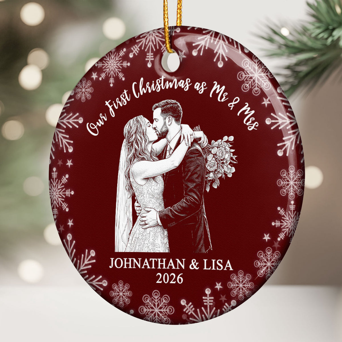 Our First Christmas Custom Couple Photo Sketch Line Art Christmas Gifts For Couple - Personalized Ornament