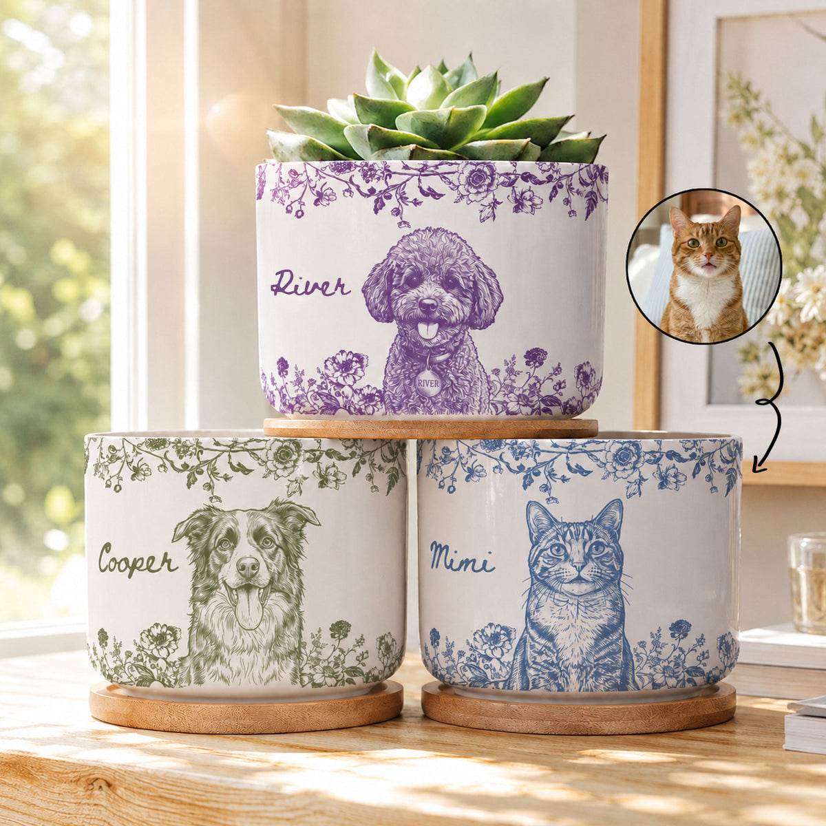 Pet Memorial Planter, Sketch Line Art Pet Photo Planter, Pet Loss Gift - Personalized Plant Pot