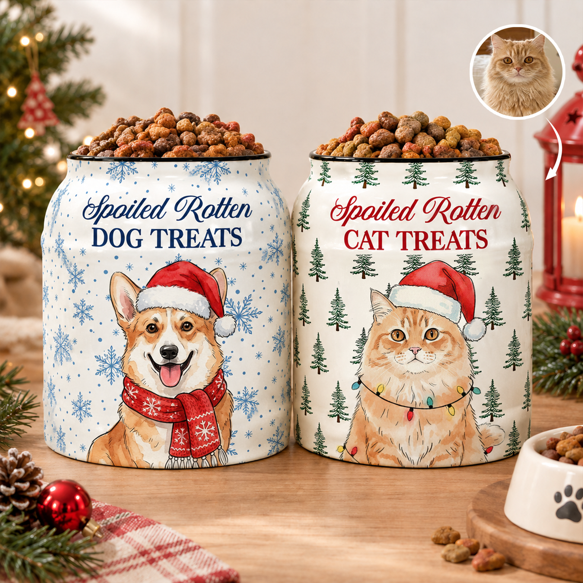 Spoiled Rotten Custom Pet Photo Watercolor Art Christmas - Personalized Cookie Jar