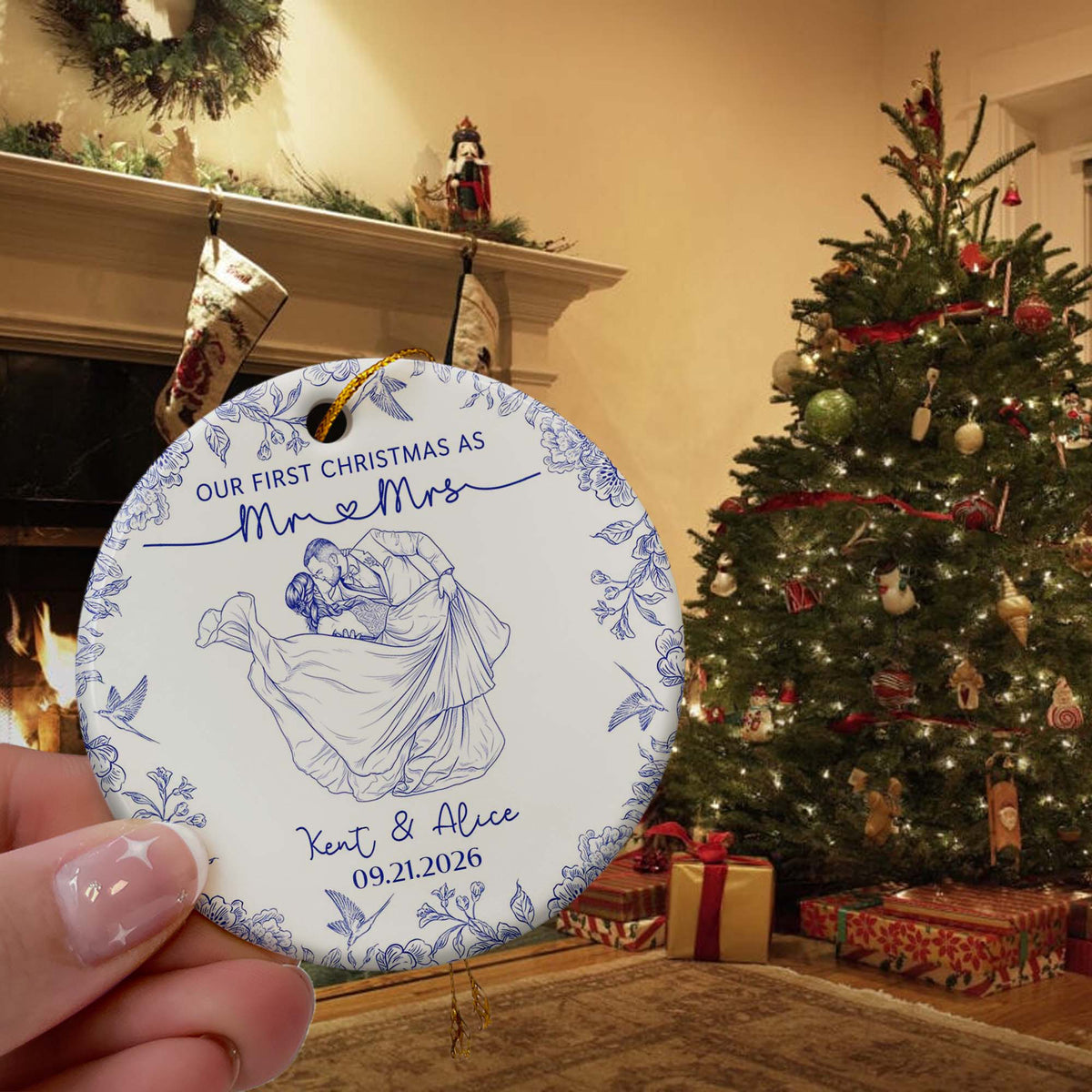 Toile De Jouy Your Photo - Our First Christmas As Mr. Mrs. - Personalized Ornament