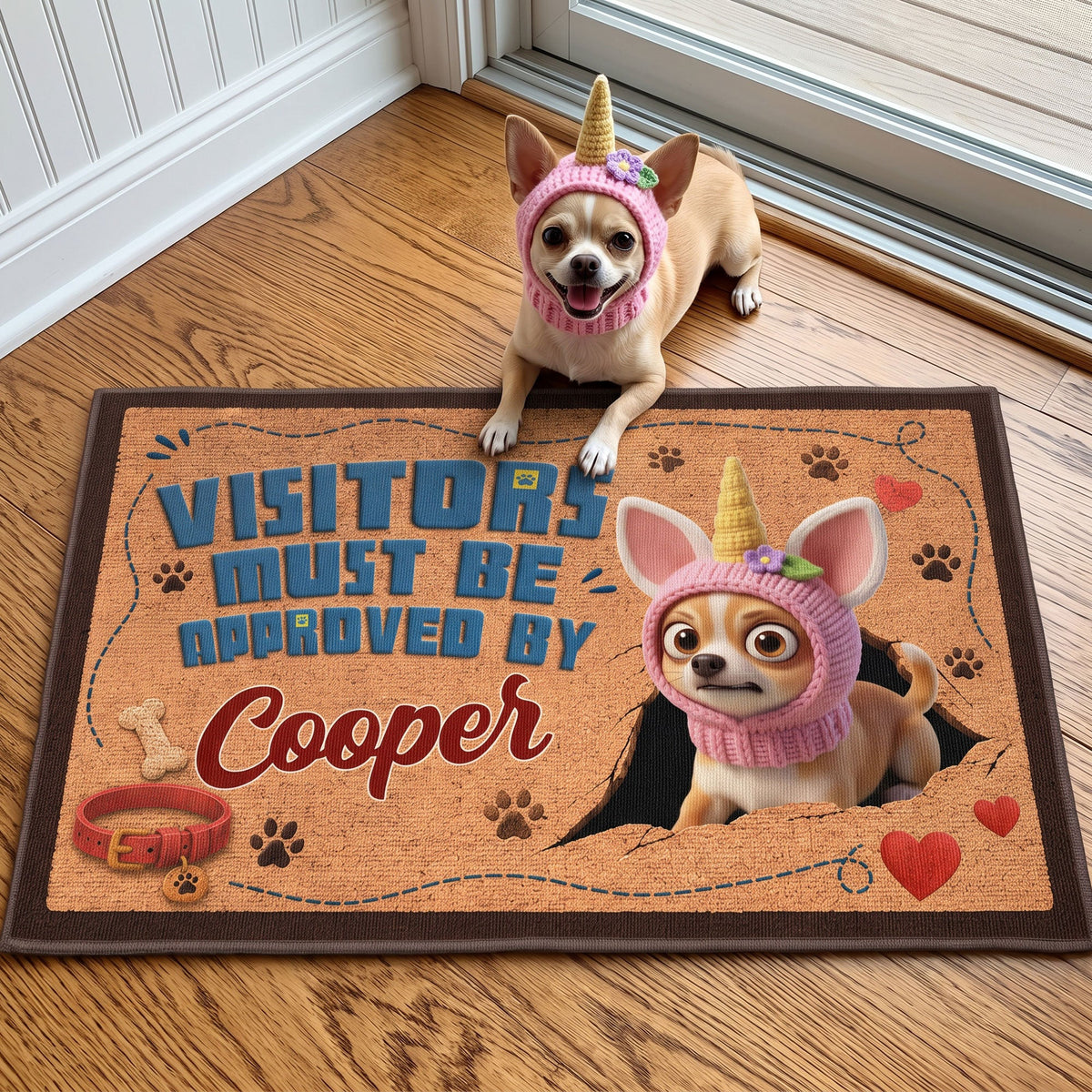 Visitors Must Be Approved By Custom Dog Name, Cat Name - Cartoon Your Pet - Personalized Doormat