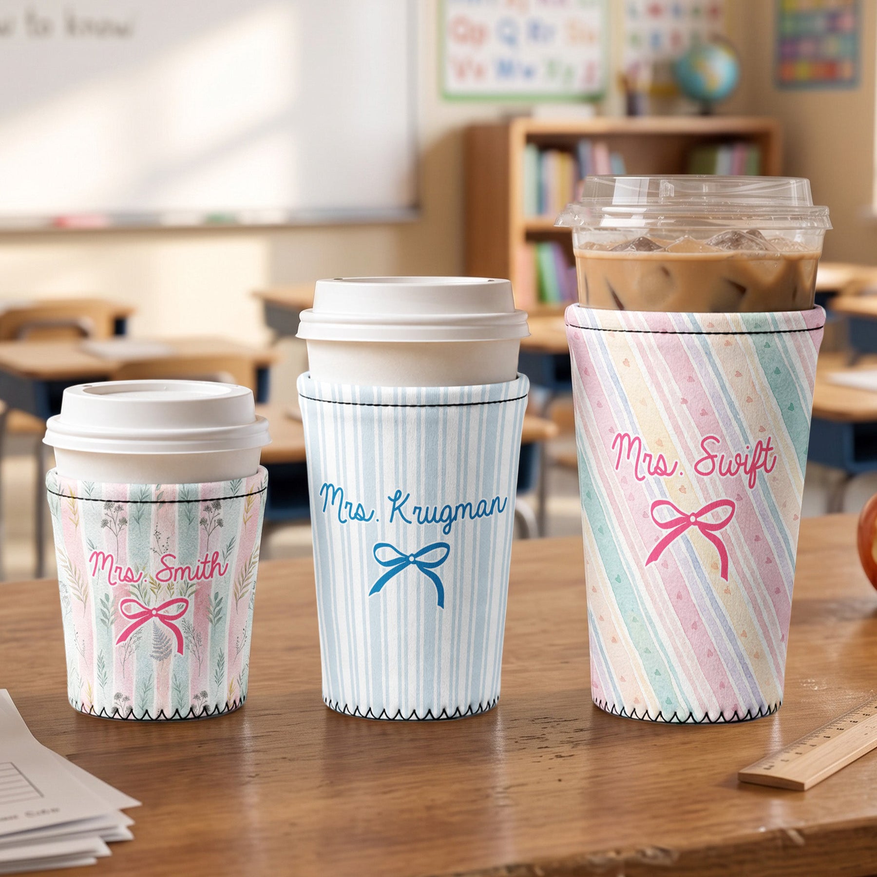 Watercolor Floral Stripe Pattern - Personalized Iced Coffee Sleeve