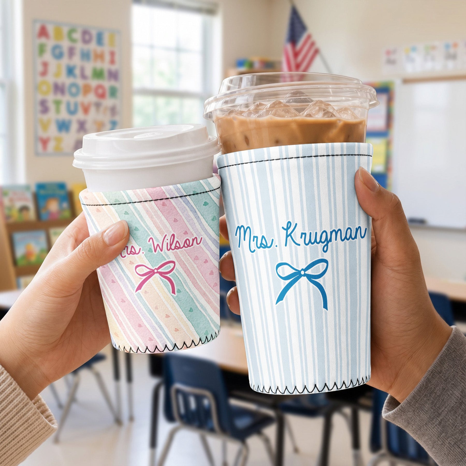 Watercolor Floral Stripe Pattern - Personalized Iced Coffee Sleeve